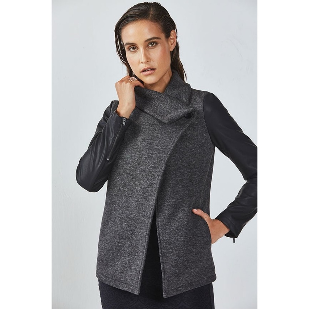 Fabletics Milano Coat Faux Leather Sleeves Grey and Black Fall Winter Minimal
